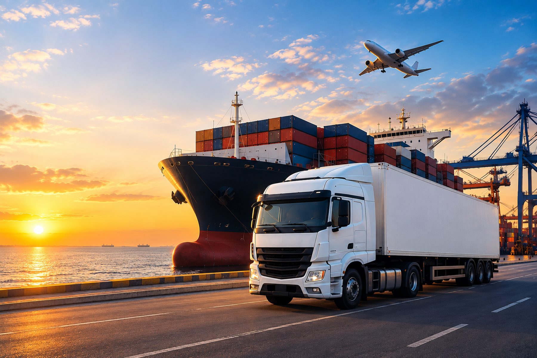 Falchex cargo ship, freight truck and aircraft moving freight at sunset